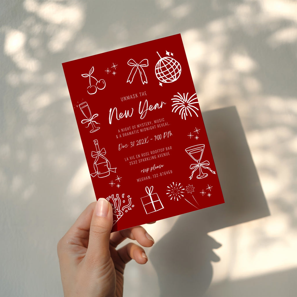 New Years Eve masquerade party invitation with red design for a glamorous celebration