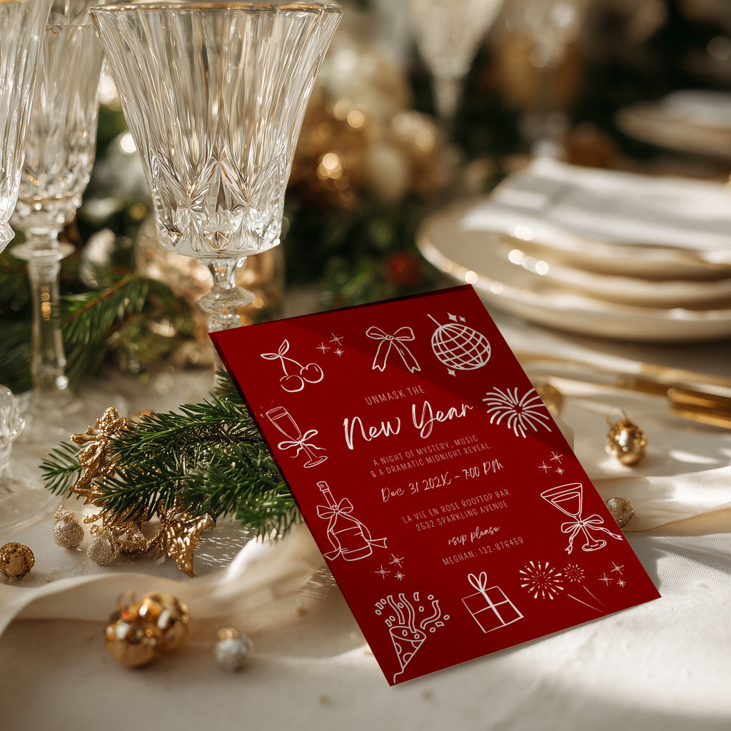 New Years Eve masquerade party invitation with red design for a glamorous celebration