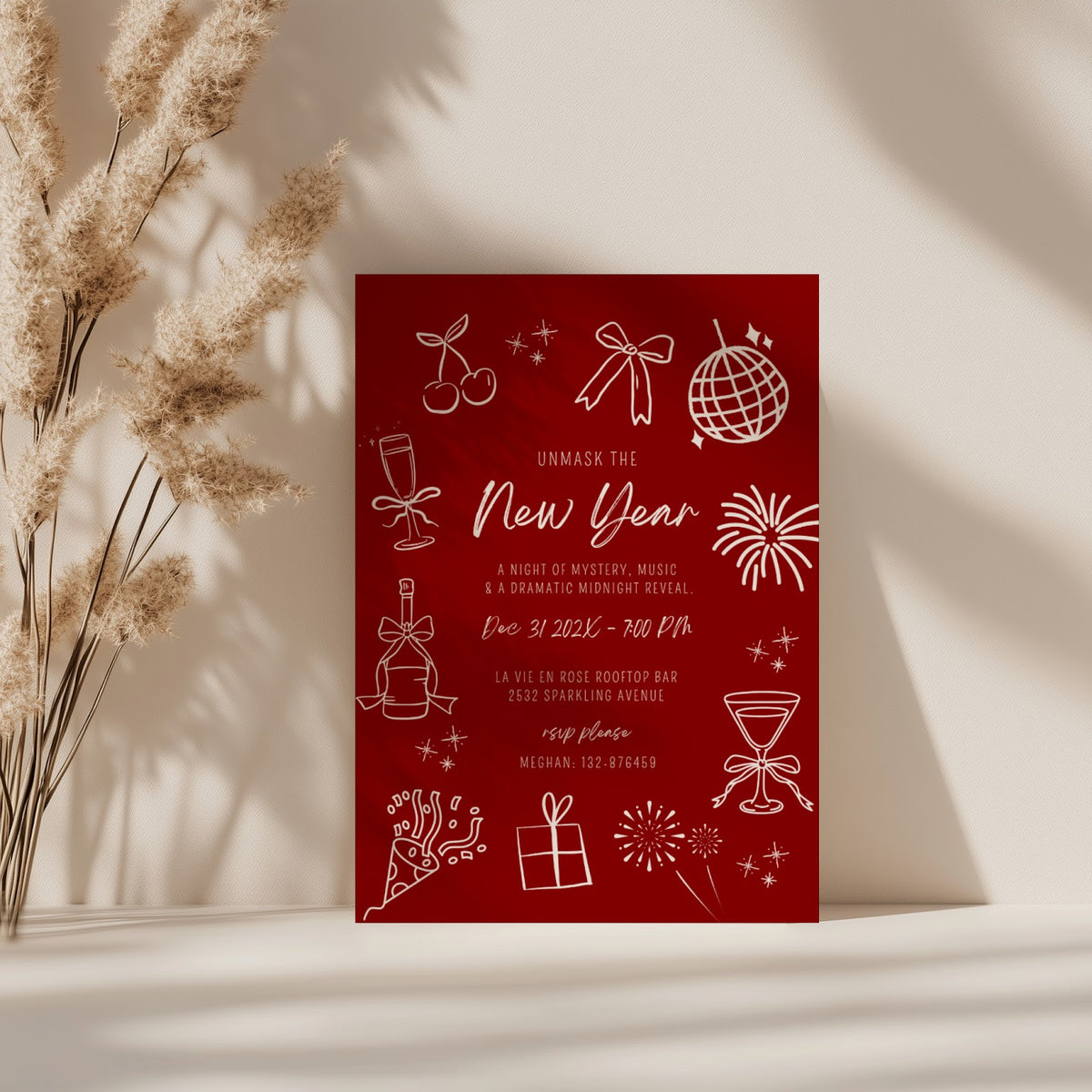 New Years Eve masquerade party invitation with red design for a glamorous celebration