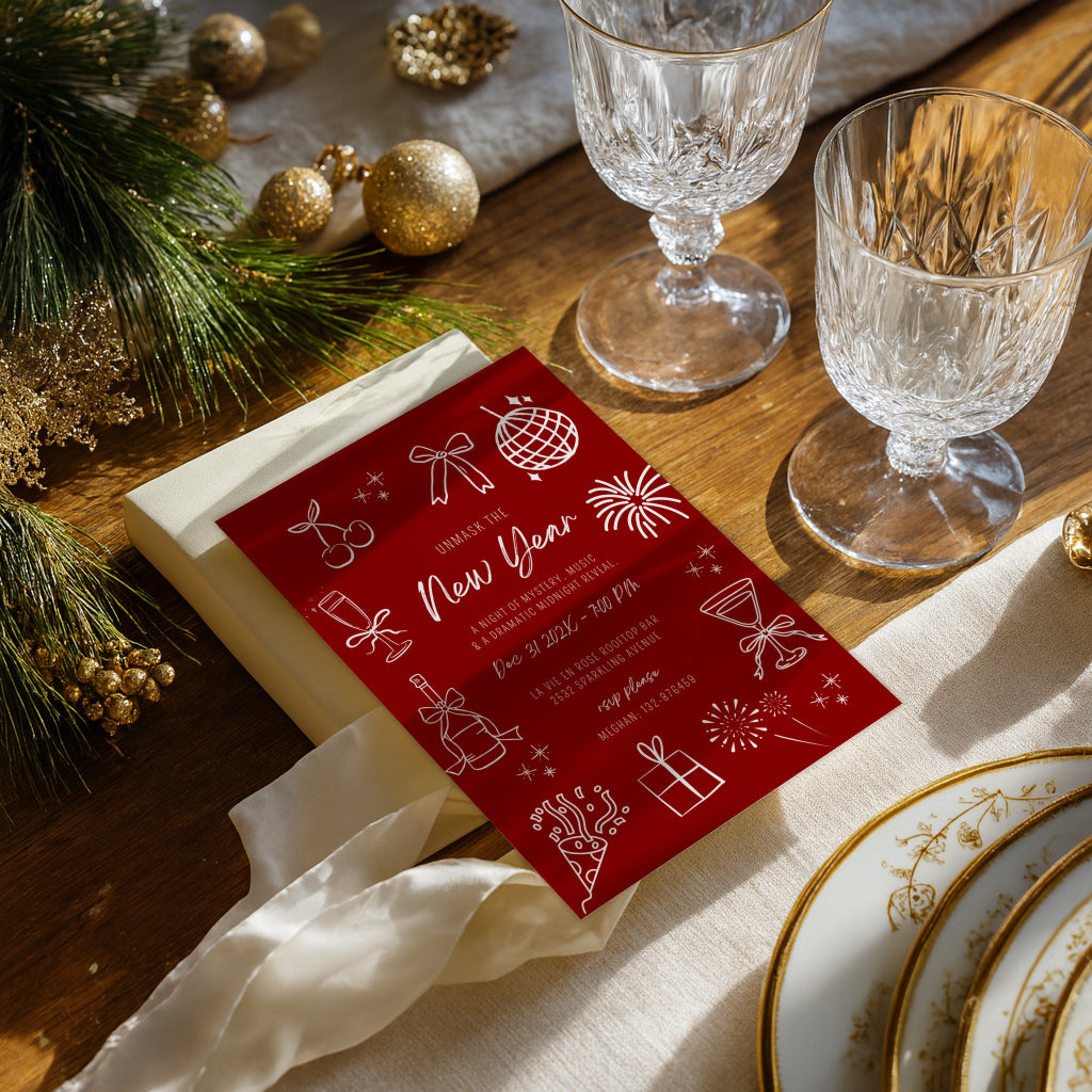 New Years Eve masquerade party invitation with red design for a glamorous celebration