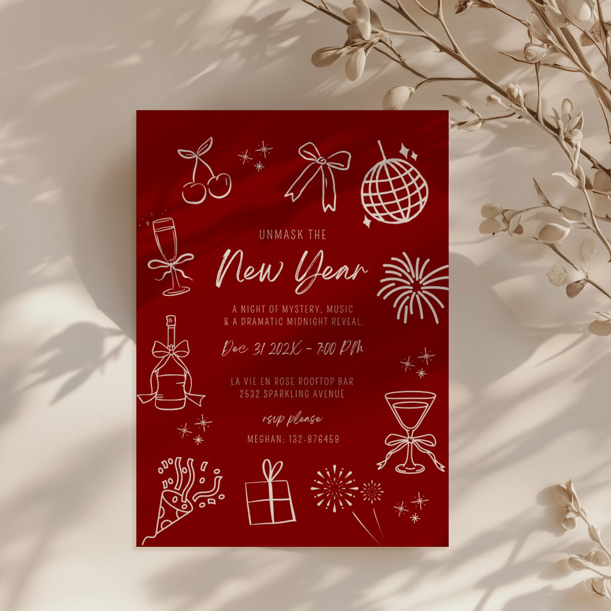 New Years Eve masquerade party invitation with red design for a glamorous celebration