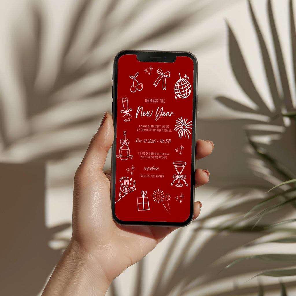 New Years Eve masquerade party invitation with red design, digital phone invitation version for a glamorous celebration