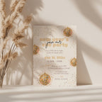New Years Eve party invitation with gold disco ball design for a glamorous celebration