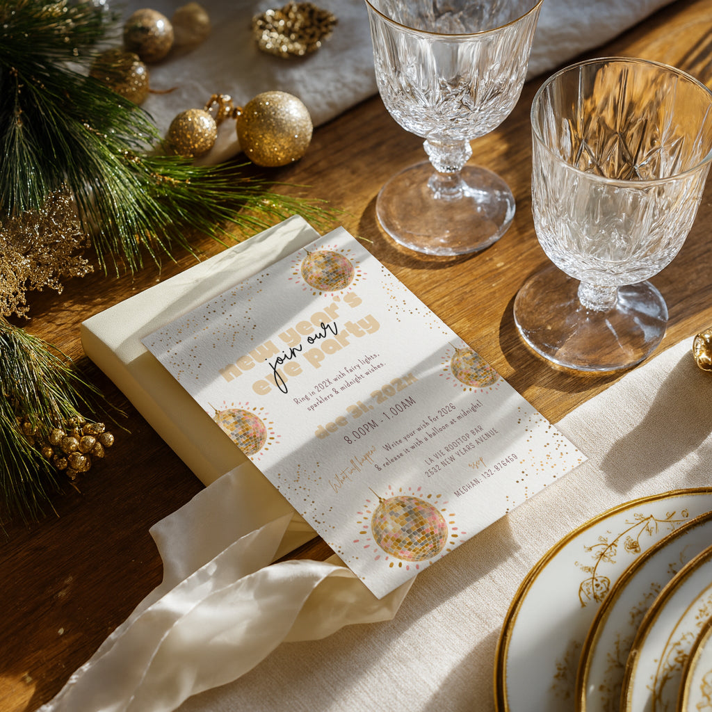 New Years Eve party invitation with gold disco ball design for a glamorous celebration
