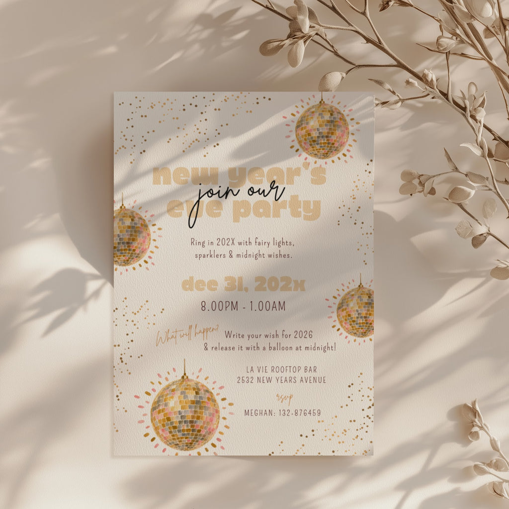 New Years Eve party invitation with gold disco ball design for a glamorous celebration