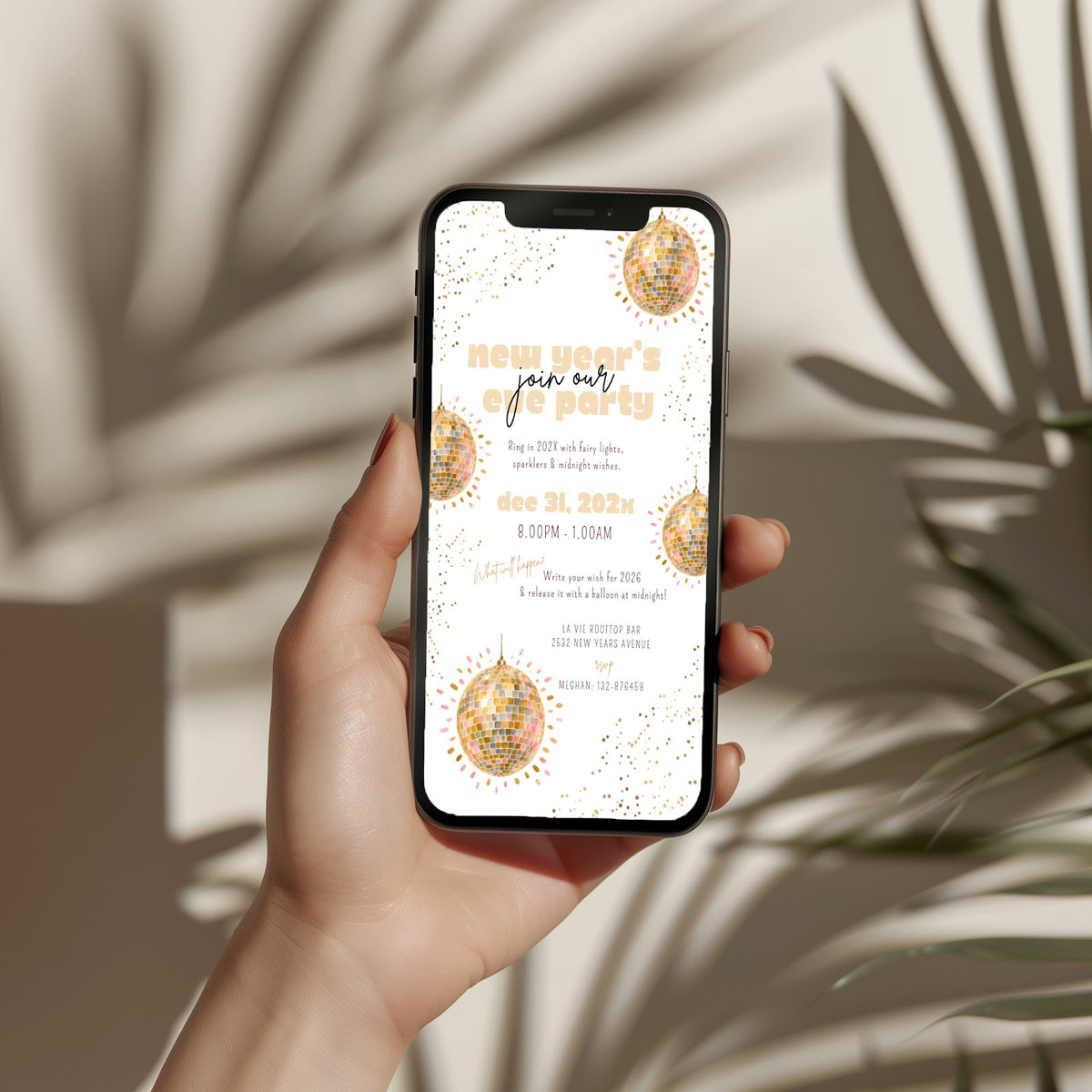 New Years Eve party invitation with gold disco ball design, digital phone invitation version for a glamorous celebration
