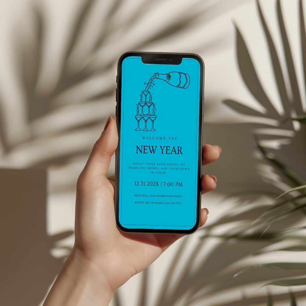 New Years Eve party invitation with vibrant neon design, digital phone invitation version for an electric celebration