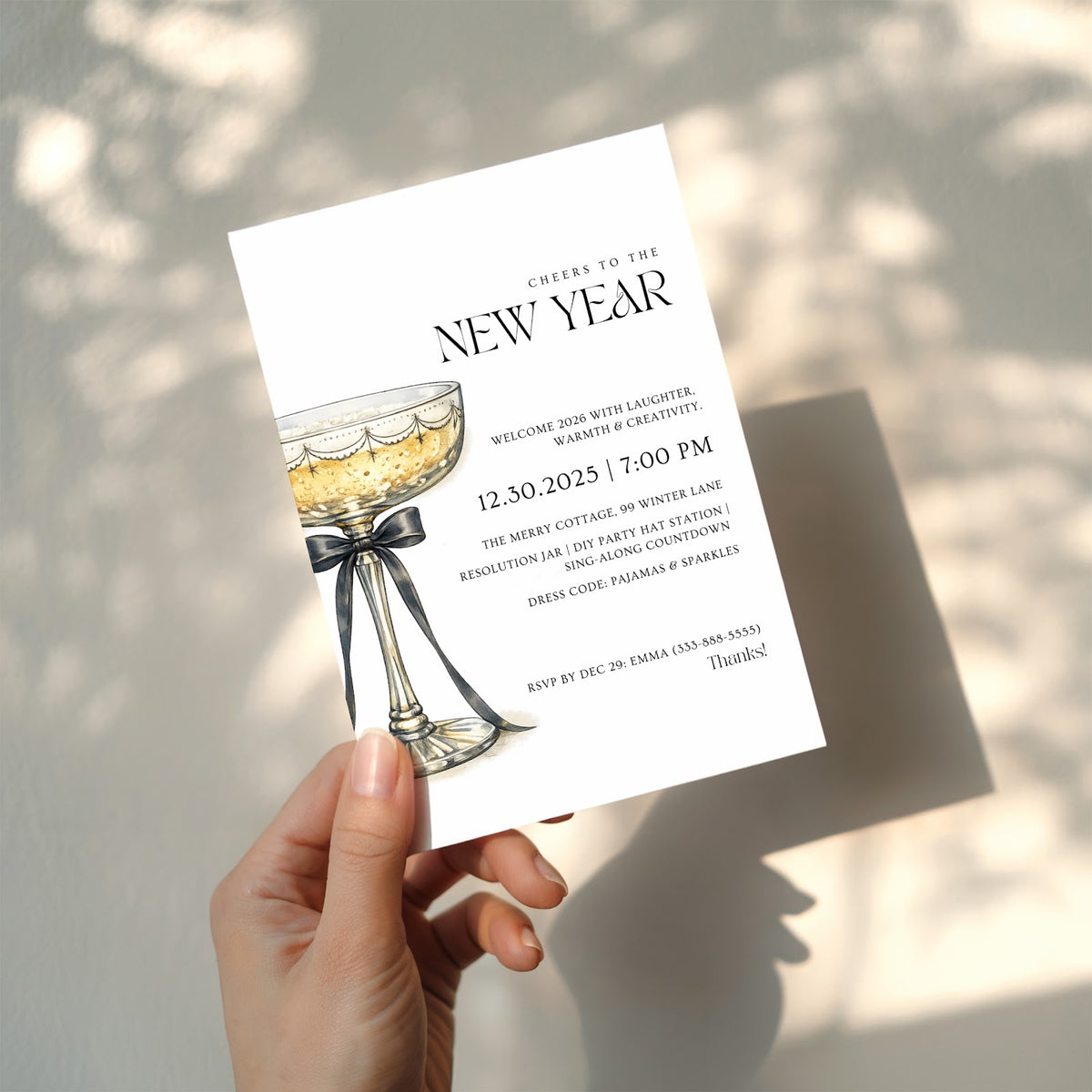 New Years Eve pajama party invitation with cozy whimsical design for a relaxed celebration