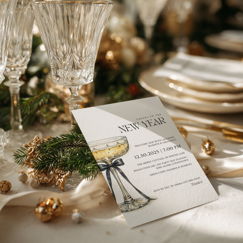 New Years Eve pajama party invitation with cozy whimsical design for a relaxed celebration