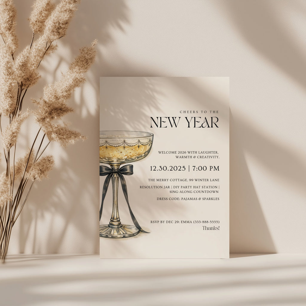 New Years Eve pajama party invitation with cozy whimsical design for a relaxed celebration