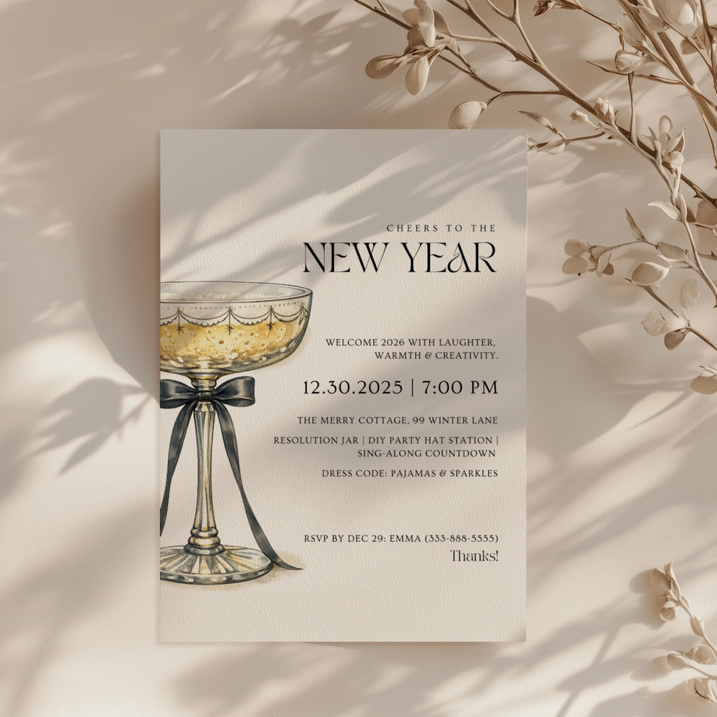 New Years Eve pajama party invitation with cozy whimsical design for a relaxed celebration