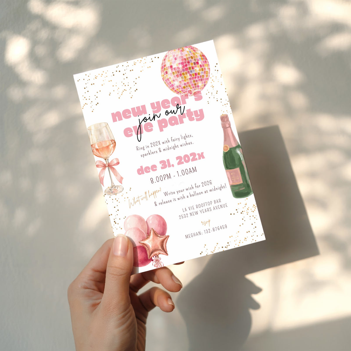 New Years Eve party invitation with pink champagne and disco ball design for a glamorous celebration