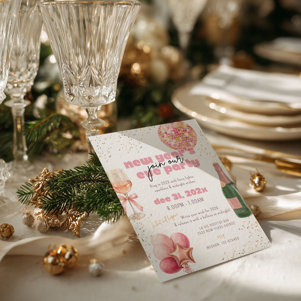New Years Eve party invitation with pink champagne and disco ball design for a glamorous celebration