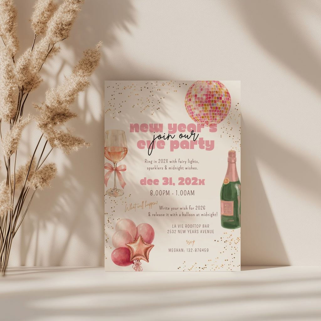 New Years Eve party invitation with pink champagne and disco ball design for a glamorous celebration