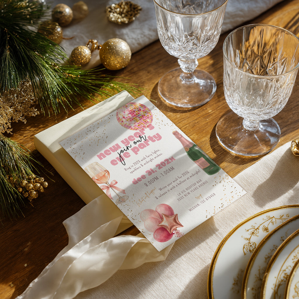 New Years Eve party invitation with pink champagne and disco ball design for a glamorous celebration