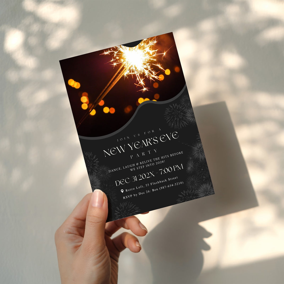 New Years Eve party invitation with retro sparkler photo design for a dance party celebration