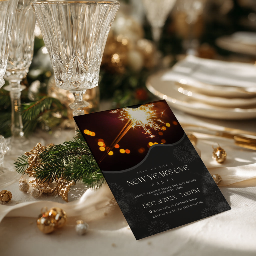 New Years Eve party invitation with retro sparkler photo design for a dance party celebration