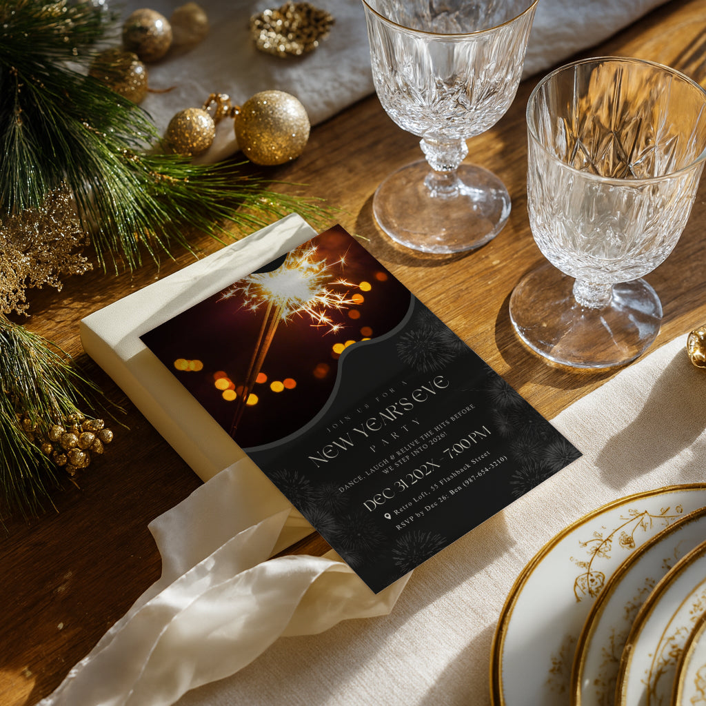 New Years Eve party invitation with retro sparkler photo design for a dance party celebration