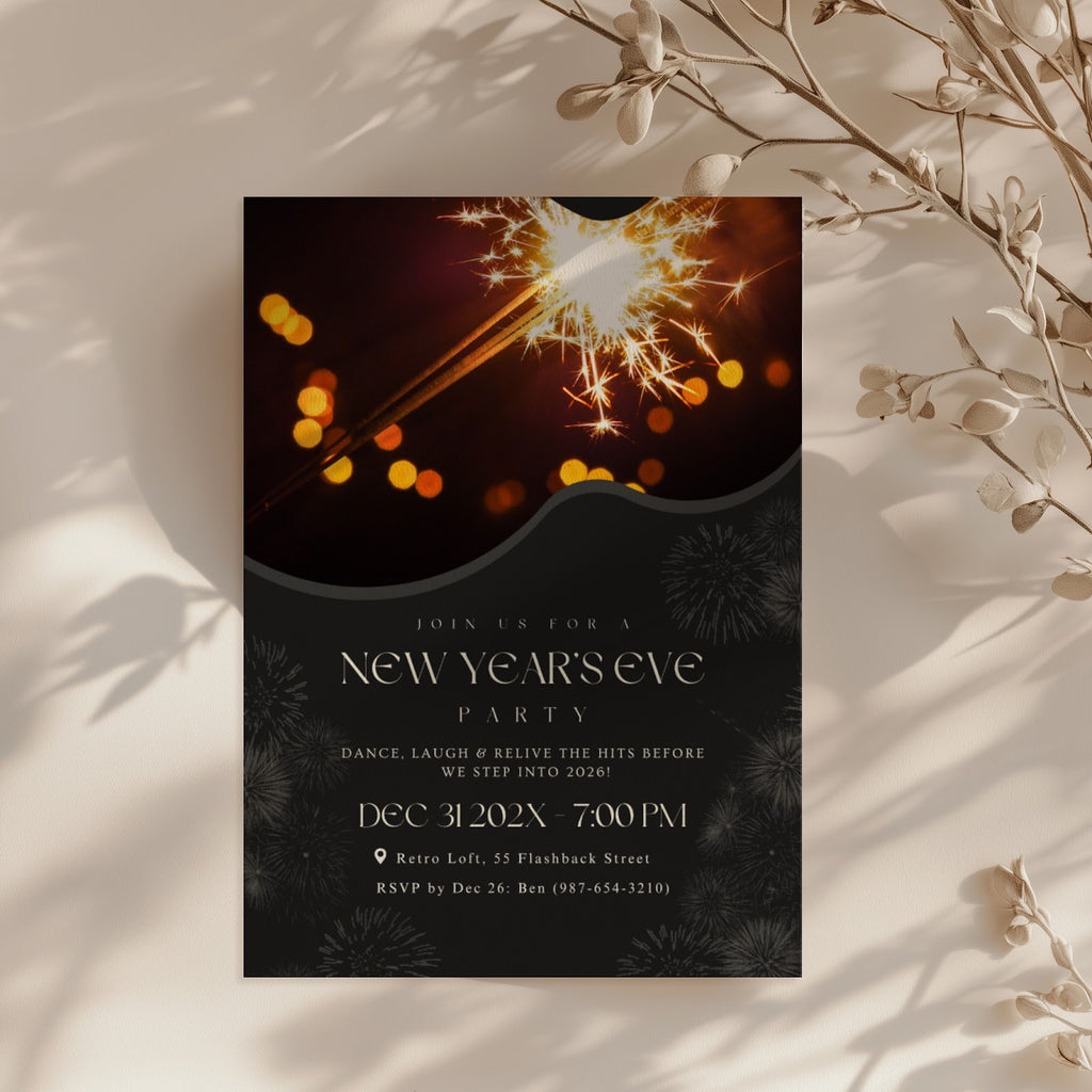 New Years Eve party invitation with retro sparkler photo design for a dance party celebration