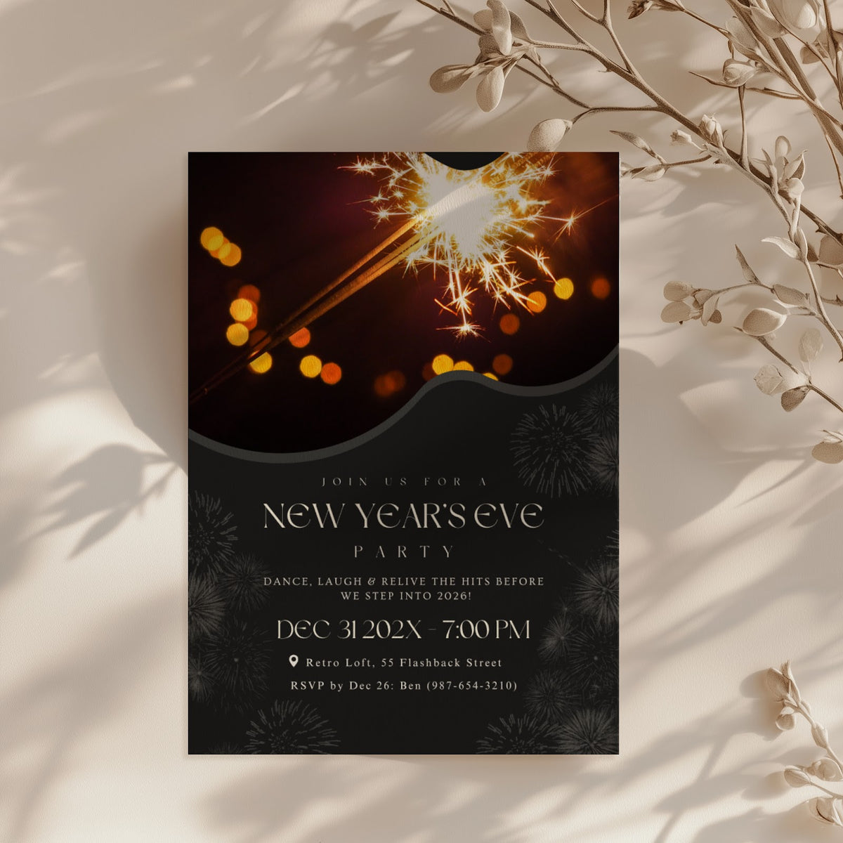 New Years Eve party invitation with retro sparkler photo design for a dance party celebration