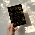 New Years party invitation with elegant black and gold fireworks design for a countdown celebration