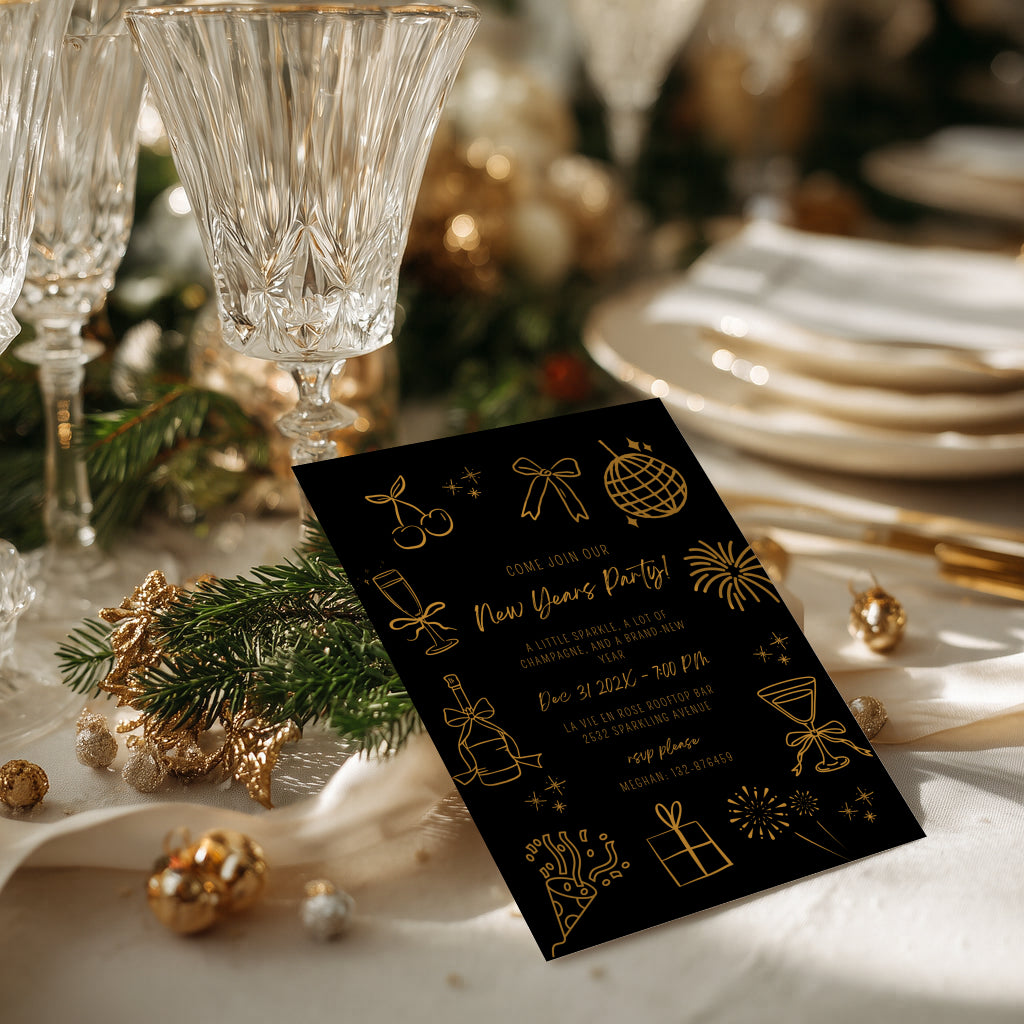 New Years party invitation with elegant black and gold fireworks design for a countdown celebration