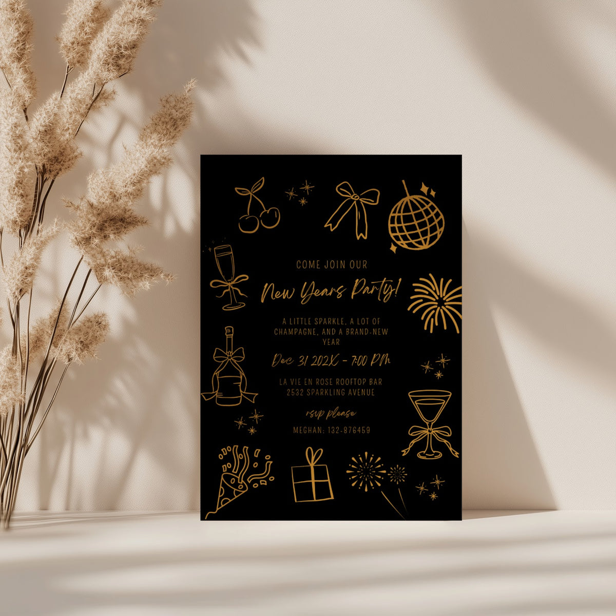 New Years party invitation with elegant black and gold fireworks design for a countdown celebration