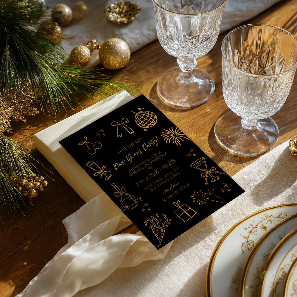 New Years party invitation with elegant black and gold fireworks design for a countdown celebration