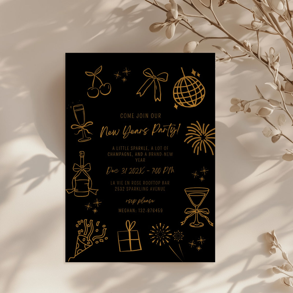 New Years party invitation with elegant black and gold fireworks design for a countdown celebration