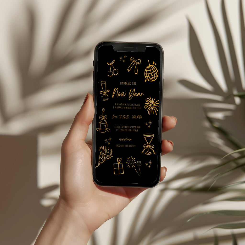 New Years party invitation with elegant black and gold fireworks design, digital phone invitation version for a countdown celebration