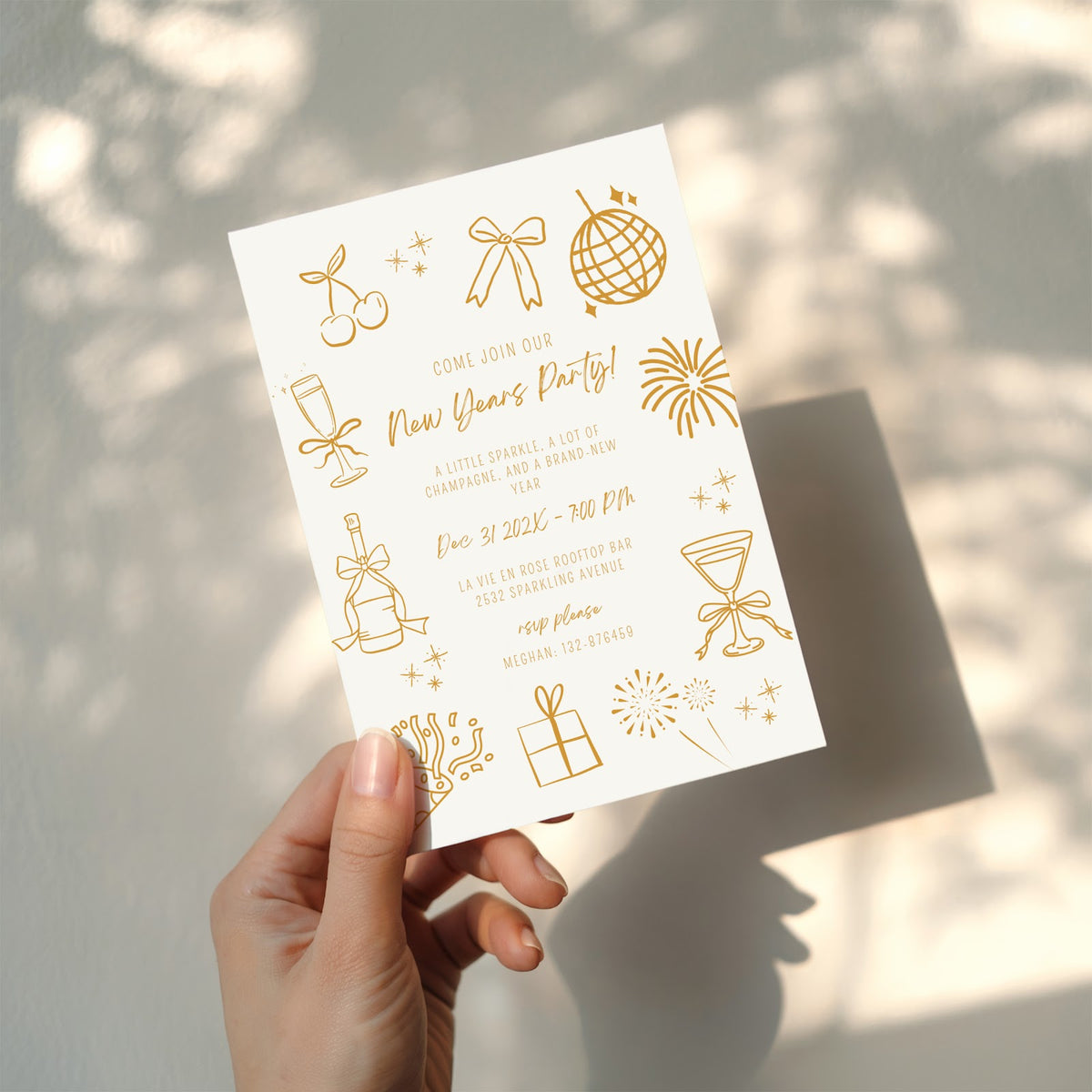 New Years party invitation with elegant gold champagne line art design for a countdown celebration