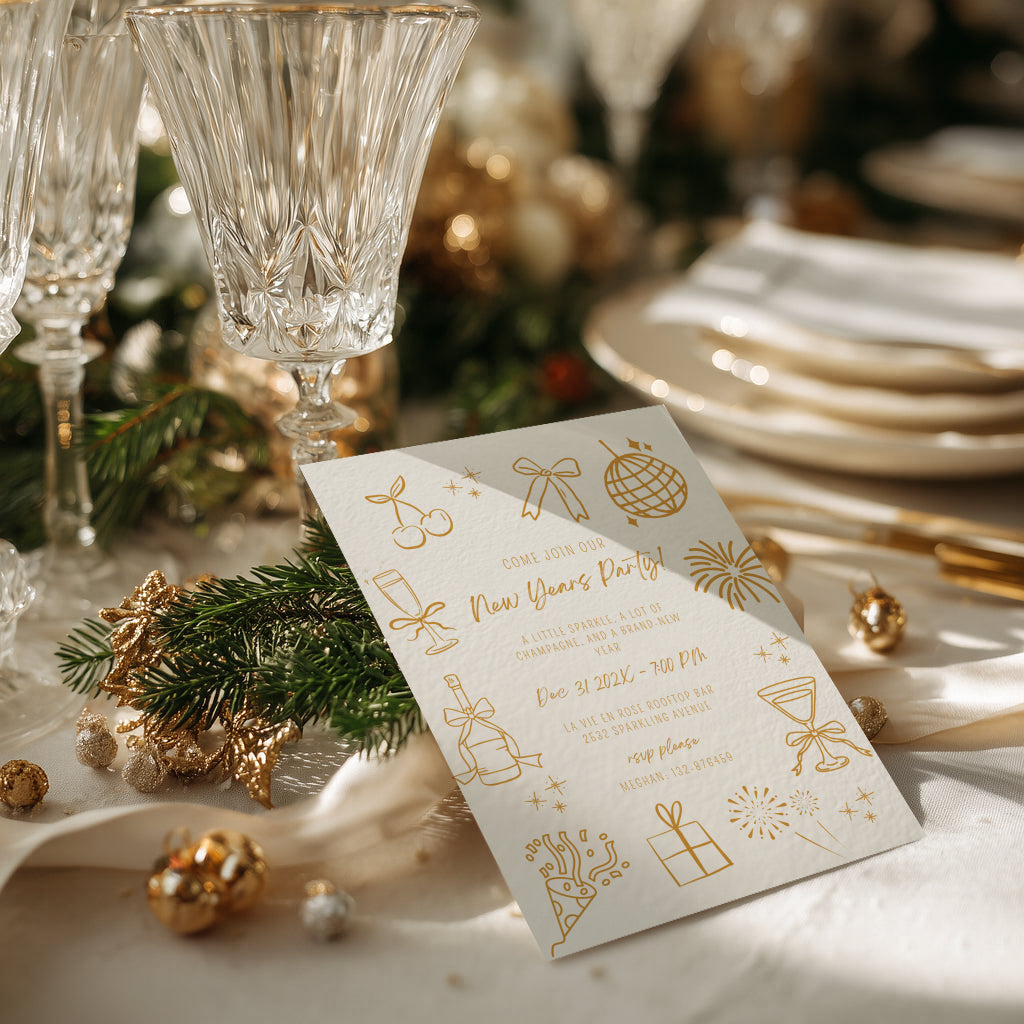 New Years party invitation with elegant gold champagne line art design for a countdown celebration