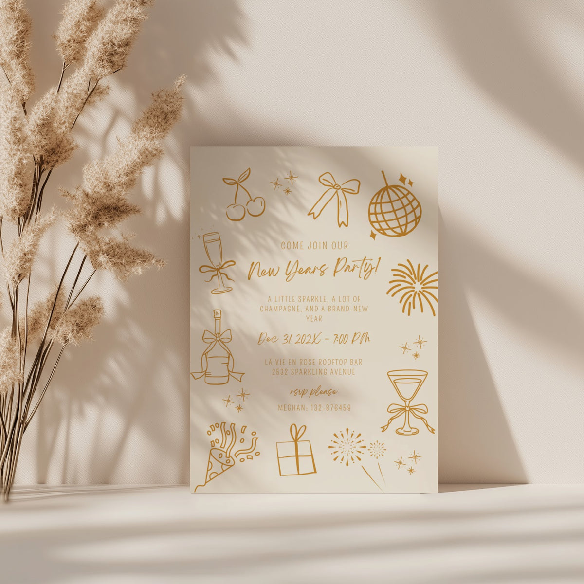 New Years party invitation with elegant gold champagne line art design for a countdown celebration