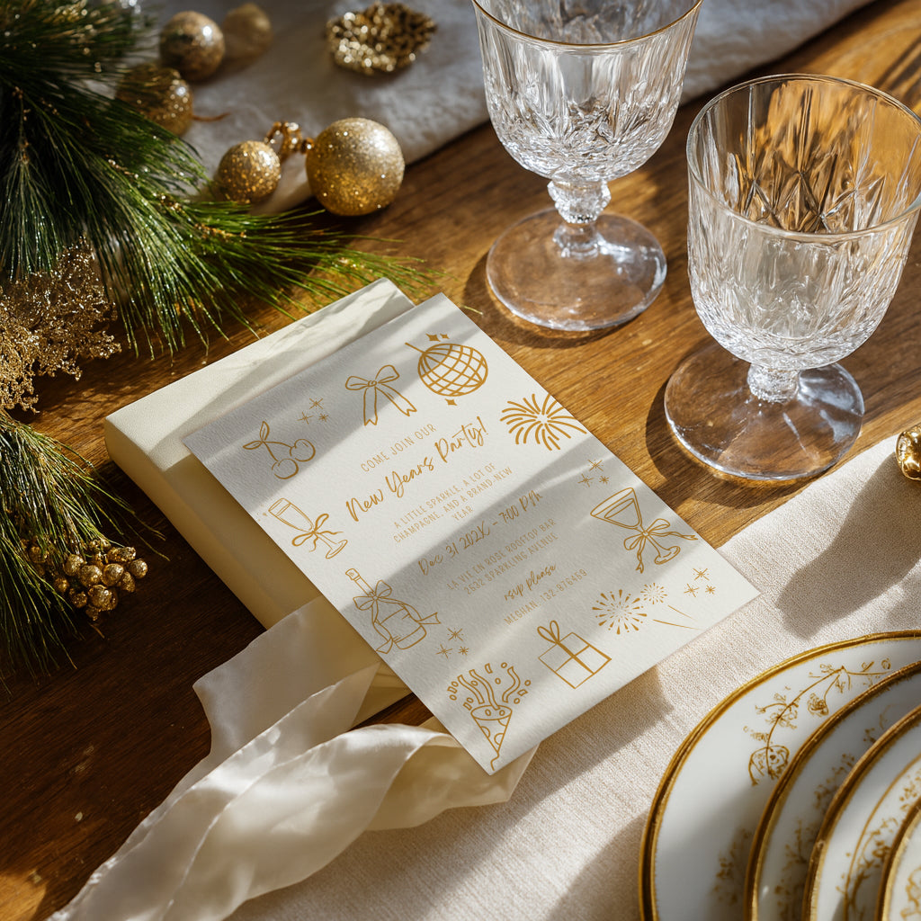 New Years party invitation with elegant gold champagne line art design for a countdown celebration