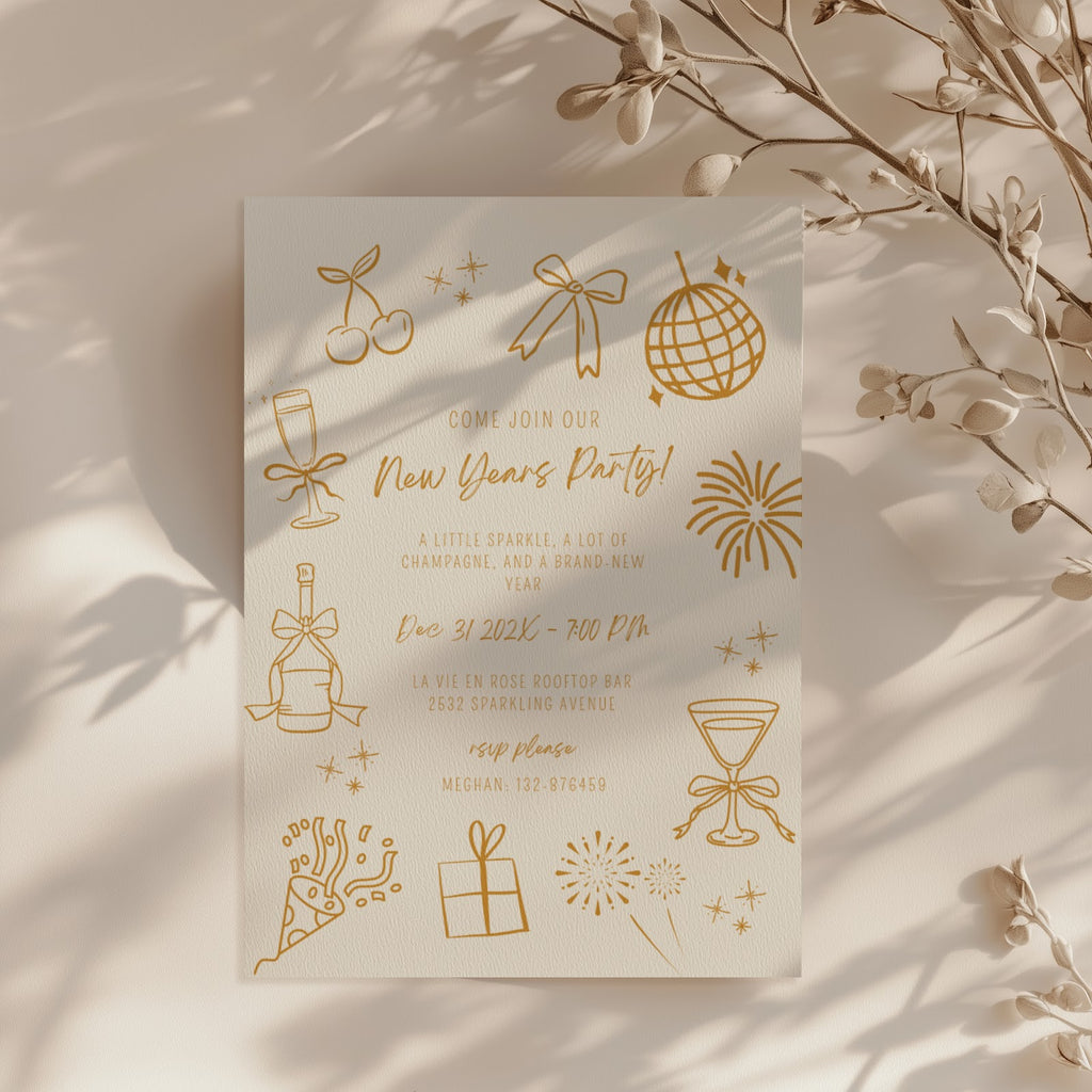 New Years party invitation with elegant gold champagne line art design for a countdown celebration