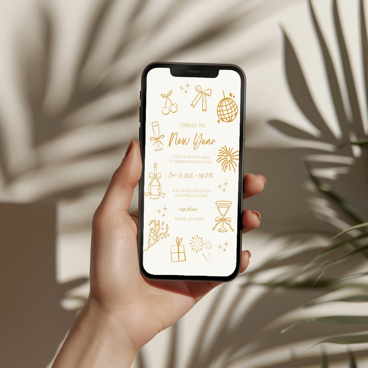 New Years party invitation with elegant gold champagne line art design, digital phone invitation version for a countdown celebration