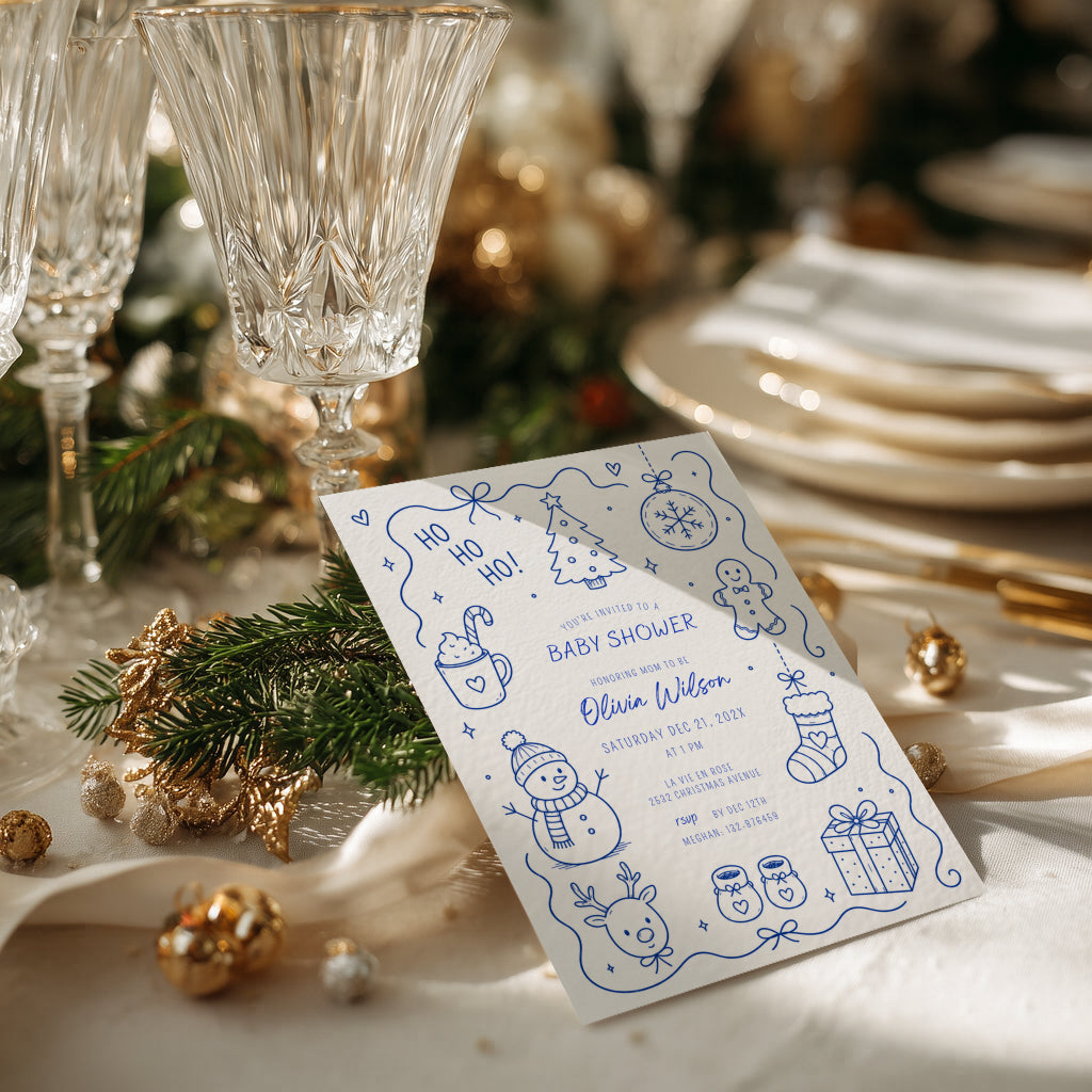 Santa baby shower invitation with playful doodle illustration for a festive celebration