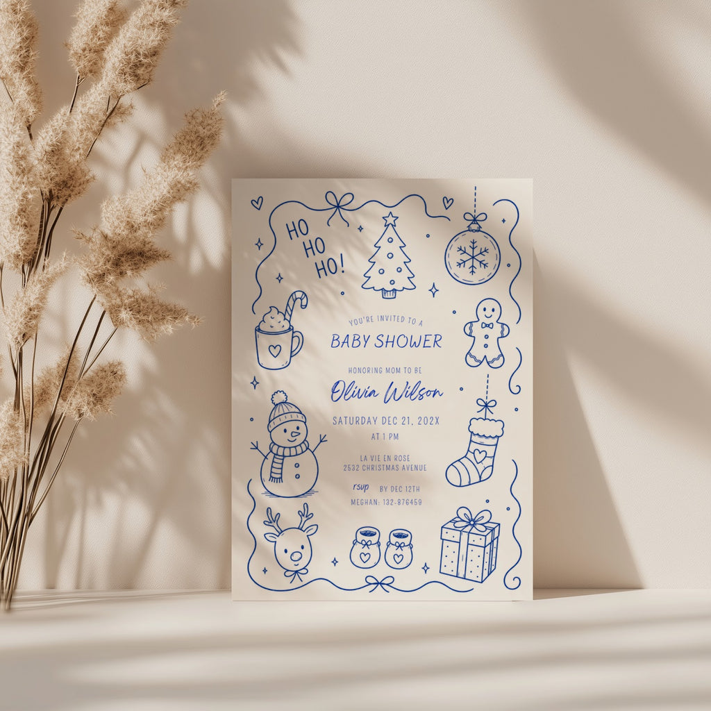 Santa baby shower invitation with playful doodle illustration for a festive celebration
