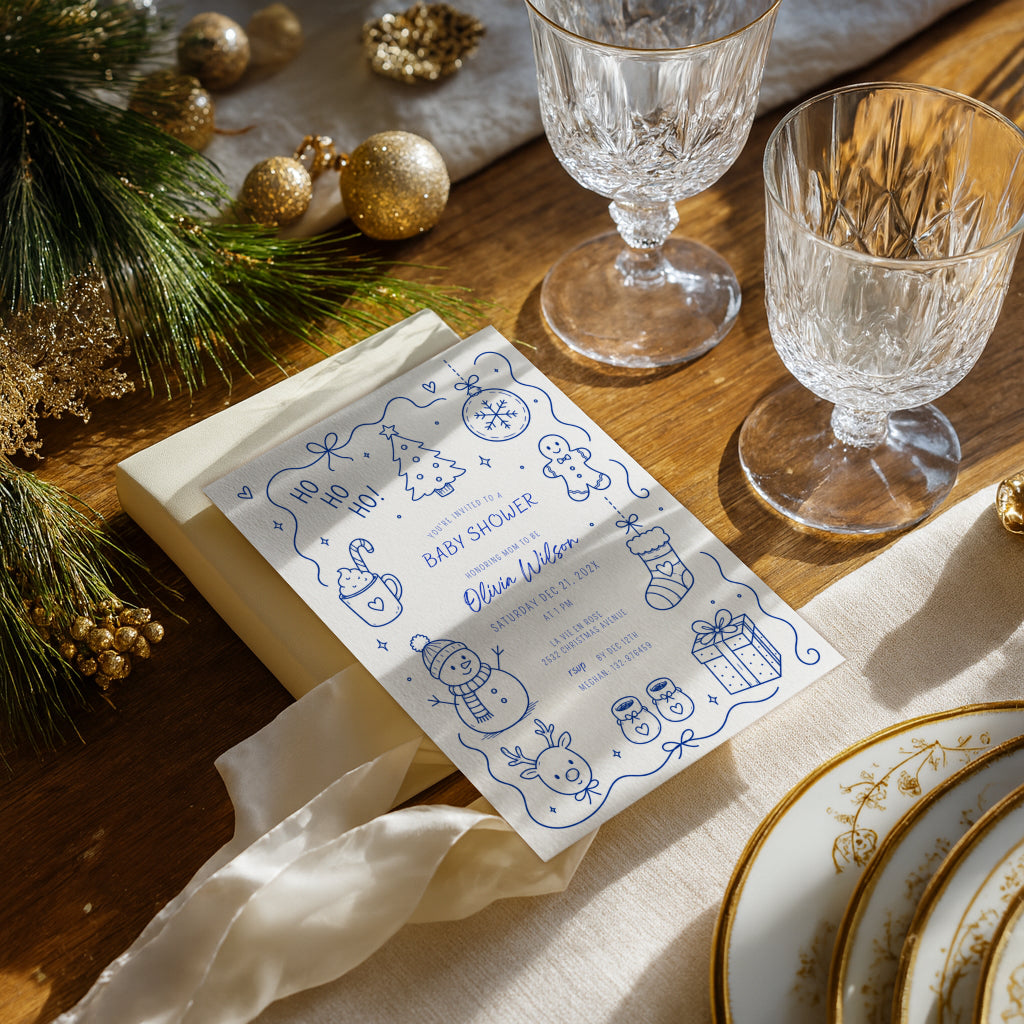 Santa baby shower invitation with playful doodle illustration for a festive celebration