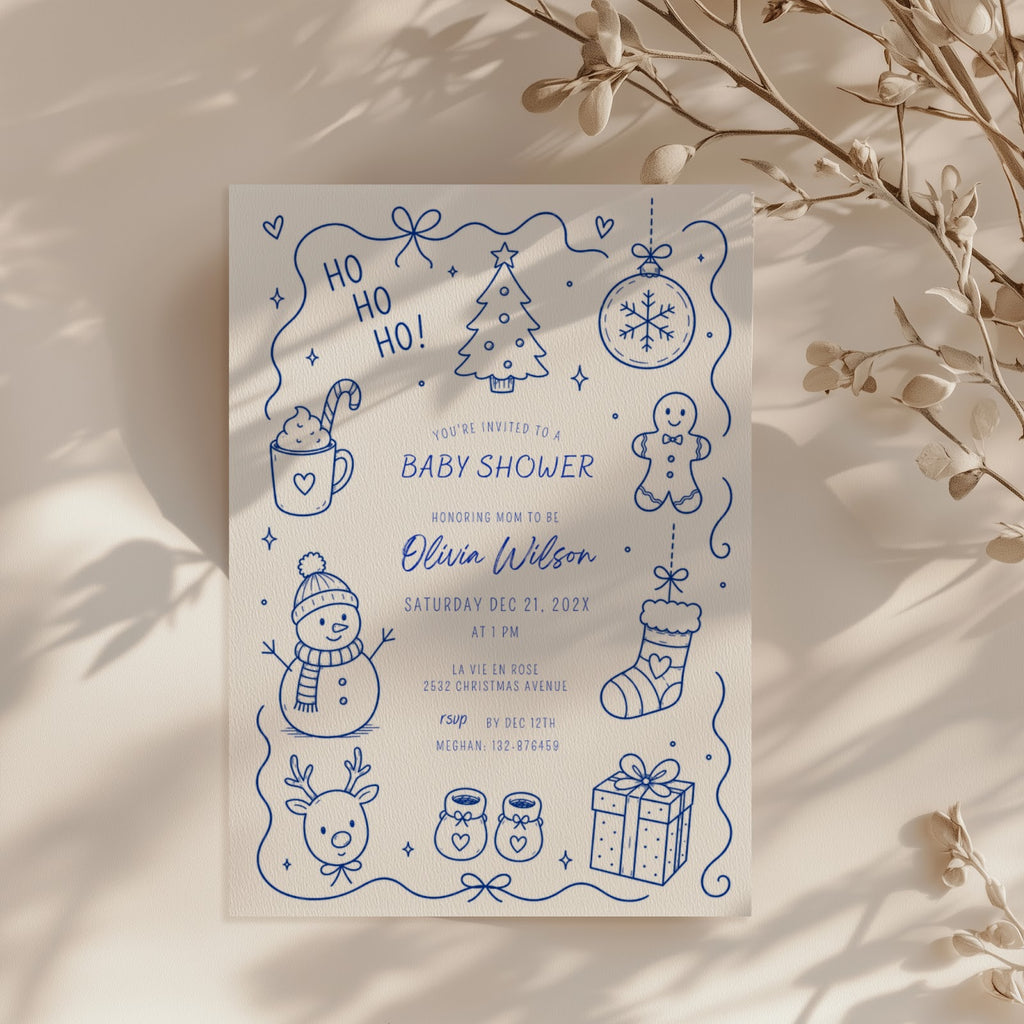 Santa baby shower invitation with playful doodle illustration for a festive celebration