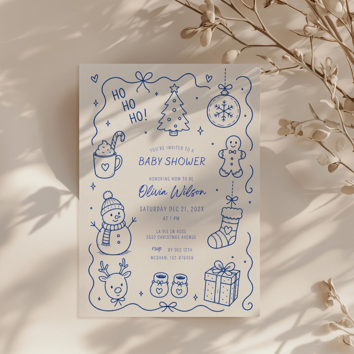 Santa baby shower invitation with playful doodle illustration for a festive celebration