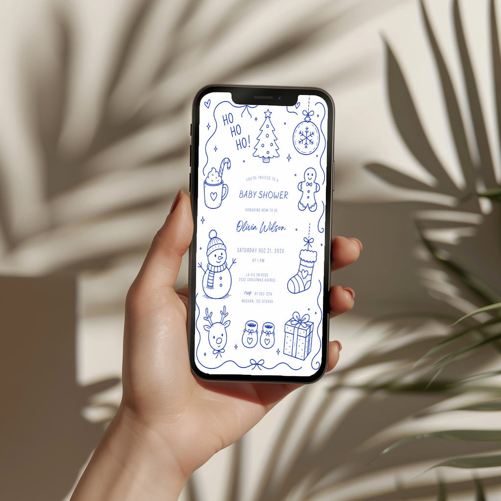 Santa baby shower invitation with playful doodle illustration, digital phone invitation version for a festive celebration