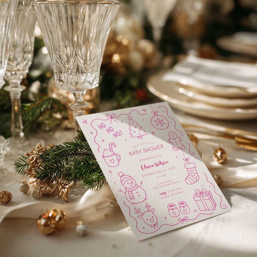 Santa baby shower invitation with playful pink doodle illustration for a festive celebration