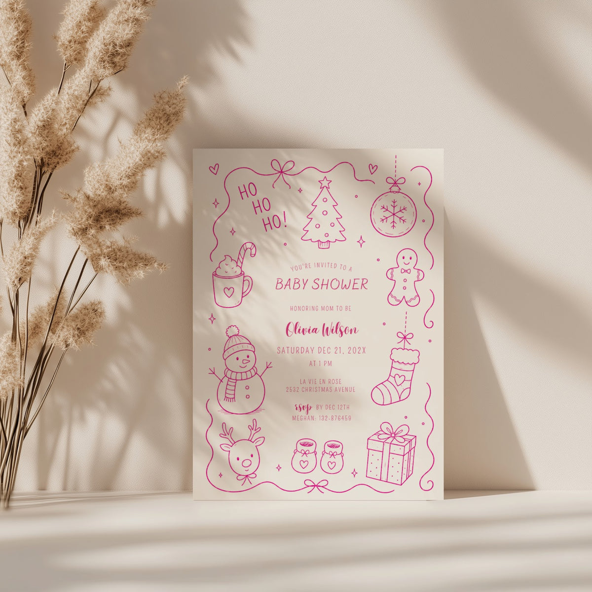 Santa baby shower invitation with playful pink doodle illustration for a festive celebration