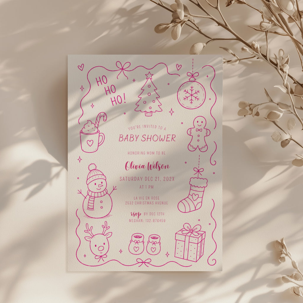 Santa baby shower invitation with playful pink doodle illustration for a festive celebration