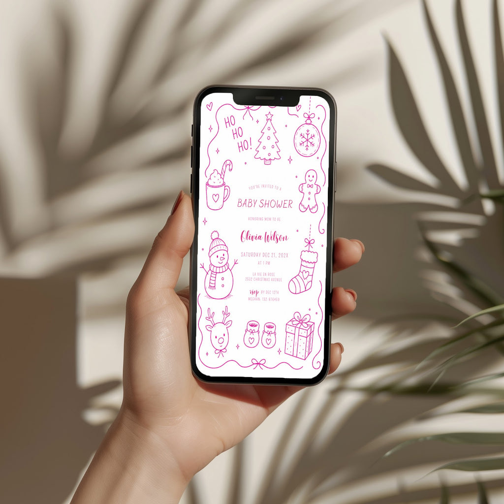 Santa baby shower invitation with playful pink doodle illustration, digital phone invitation version for a festive celebration