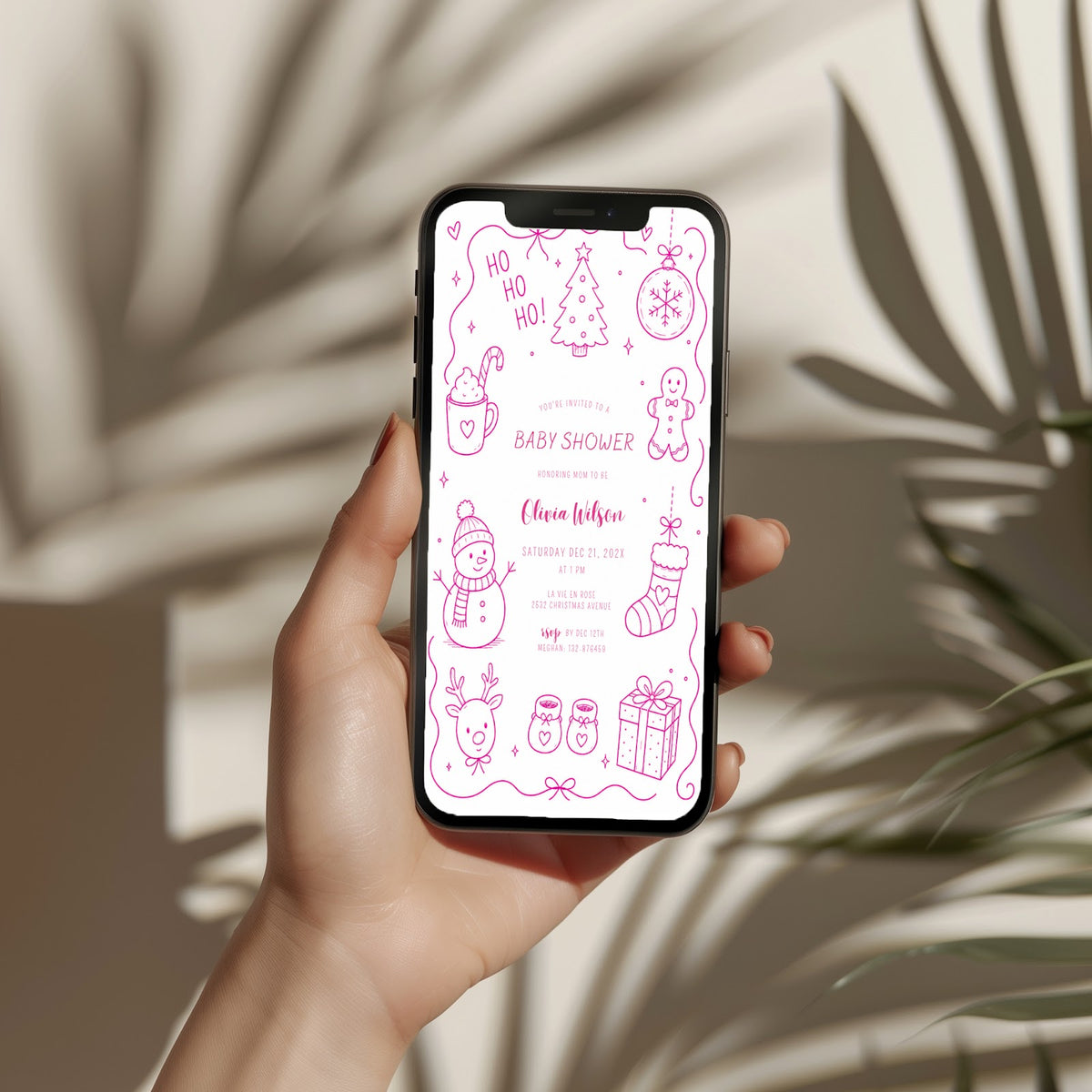 Santa baby shower invitation with playful pink doodle illustration, digital phone invitation version for a festive celebration