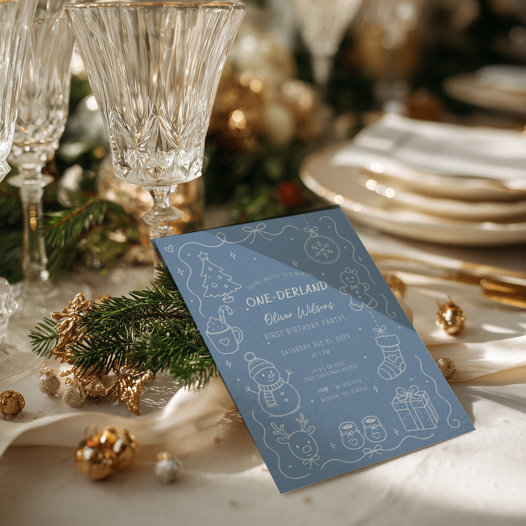 Winter ONEderland first birthday invitation with soft blue design for a winter celebration